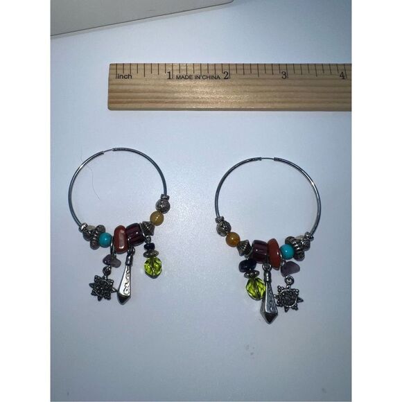 Boho Silver Tone Charm and Stone Dangle Charm Hoop Earrings - Picture 6 of 8